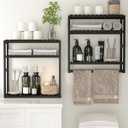 Over The Toilet Storage Bathroom Shelves Wall Mounted 3 Tier Space Saver Corner Shelf Organizer Bamboo Towel Rack Toilet Paper Cabinet with Hanging Rod Black