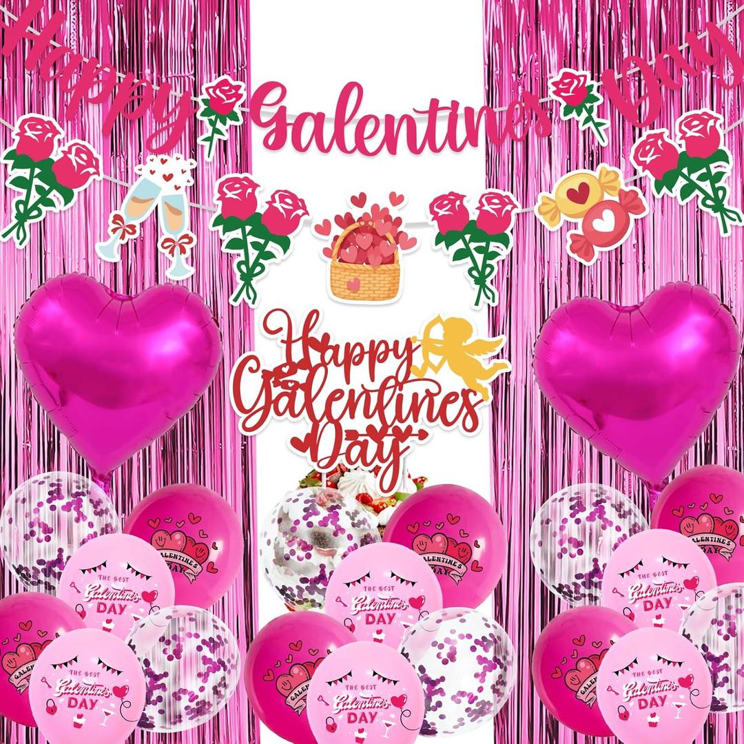 Galentine's Day Decorations Kit - 18 Latex Balloons, 2 Heart Foil Balloons, "Happy Valentine's Day" Banner, Fringe Curtain & Cake Topper for Romantic Valentines Day Party Decor