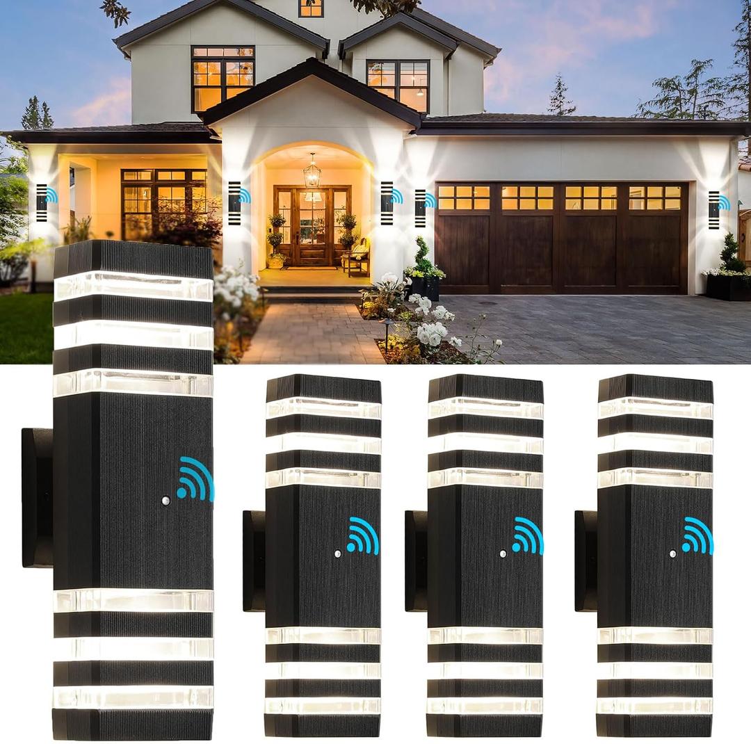 tewei 4 Pack Dusk to Dawn Outdoor Light Fixture, Black Exterior Wall Lights Up and Down Porch Lights Outdoor Wall Mount Waterproof Aluminum Outside Lights for House Garage, 3-Layer, 3000K, 3 Layer - 15 Inch