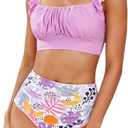 Sorrica Womens Ruffle High Waisted Bikini Sets Ruched Tummy Control Two Piece Swimsuits (Medium, Purple)
