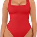 FeelinGirl Bodysuits for Women Seamless Square Neck Tummy Control Compression Thong Shapewear Bodysuit Tank Tops Bodysuit (Medium-Large, Rust Red)