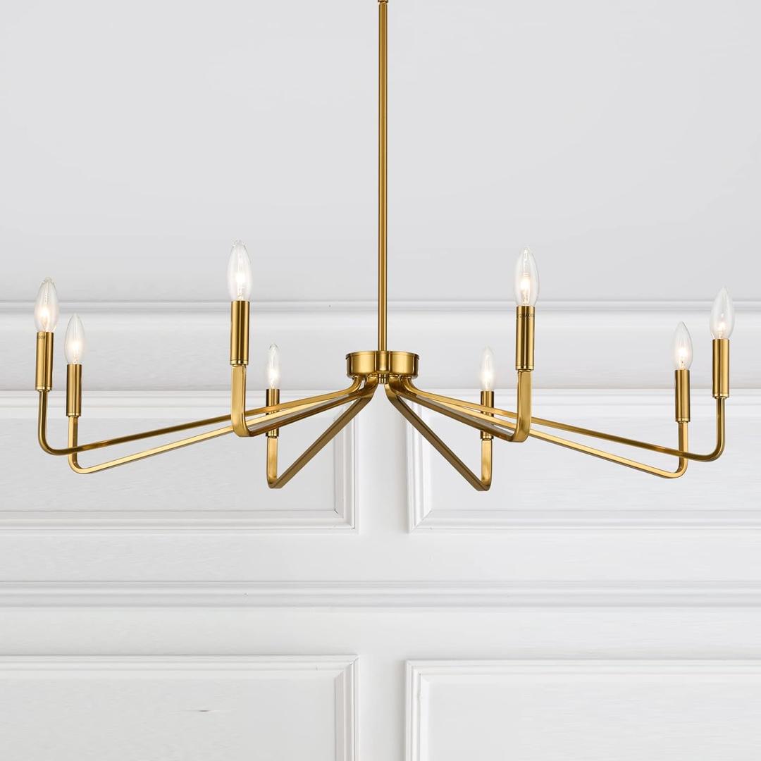 38" Gold Chandeliers for Dining Room, 8-Light Modern Farmhouse Chandelier Light Fixture, Brushed Brass Industrial Candle Lighting Hanging Ceiling for Living Room Bar Kitchen Island Lights