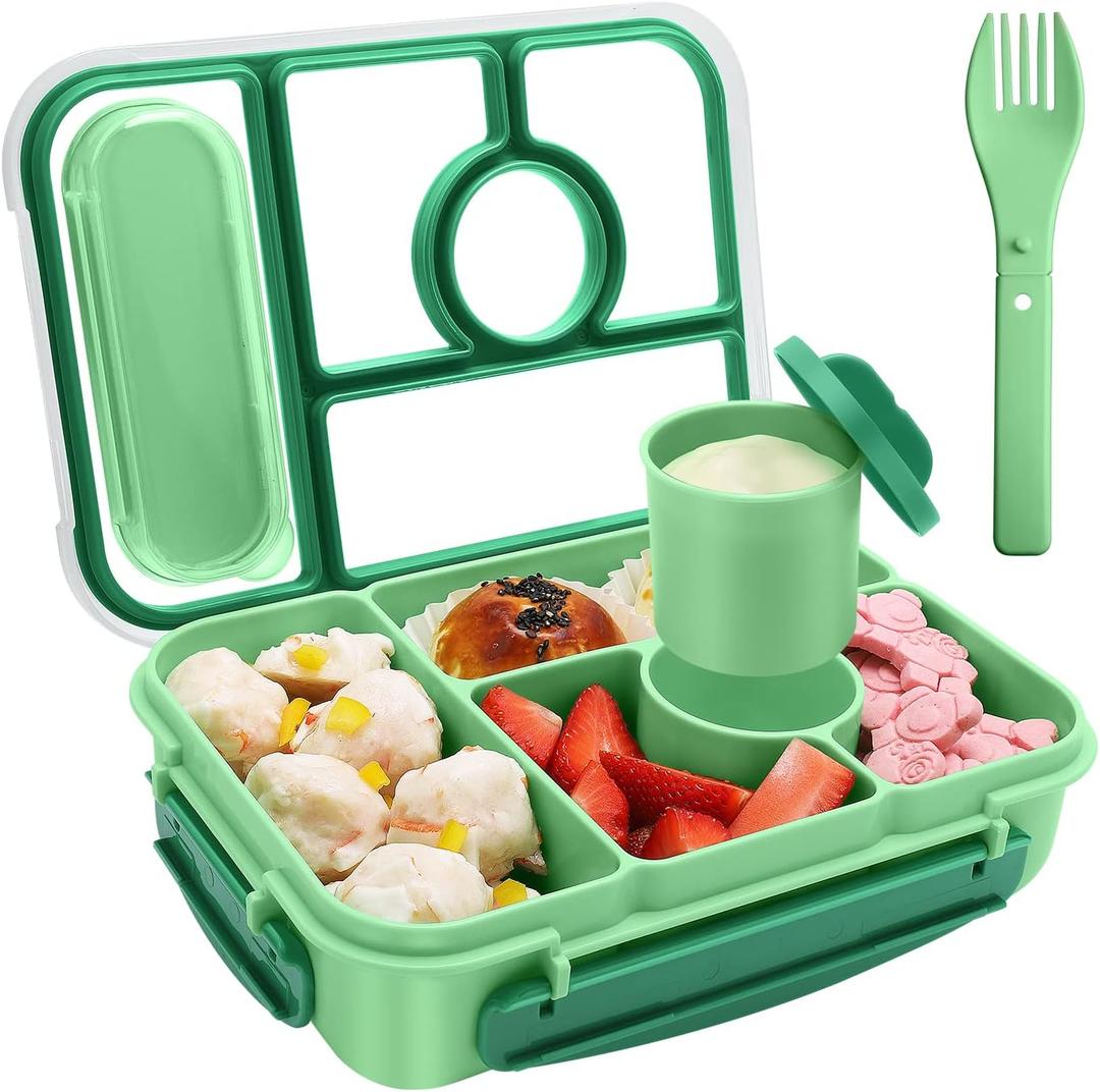 Amathley Bento Box Adult Lunch Box Kids,Lunch Containers for Adults/Kids/Toddler,5 Compartments Bento Lunch Box with Sauce Vontainers,Microwave & Dishwasher & Freezer Safe, BPA-Free(Green)