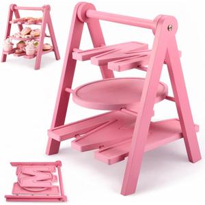 Novabright Mother's Day Serving Tray and Platters, 3 Tier Foldable Wooden Cupcake Stand, 7.8''/9.8''/11.4'' Pink Heart Mom Letter Charcuterie Board Serving Plate for Food Display, Party Decor Mom Gift