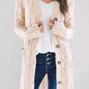 PRETTYGARDEN Long Sleeve Cable Knit Long Cardigan for Women 2025 Fall Winter Chunky Open Front Button Sweaters with Pockets. Size:XXL Color: Beige