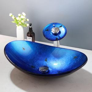 Blue Bathroom Vessel Sink 22 Inch Glass Vessel Sink with Waterfall Faucet and Pop-Up Drain Combo,Tempered Glass Bathroom Sink Above Counter Oval Sink Bowl