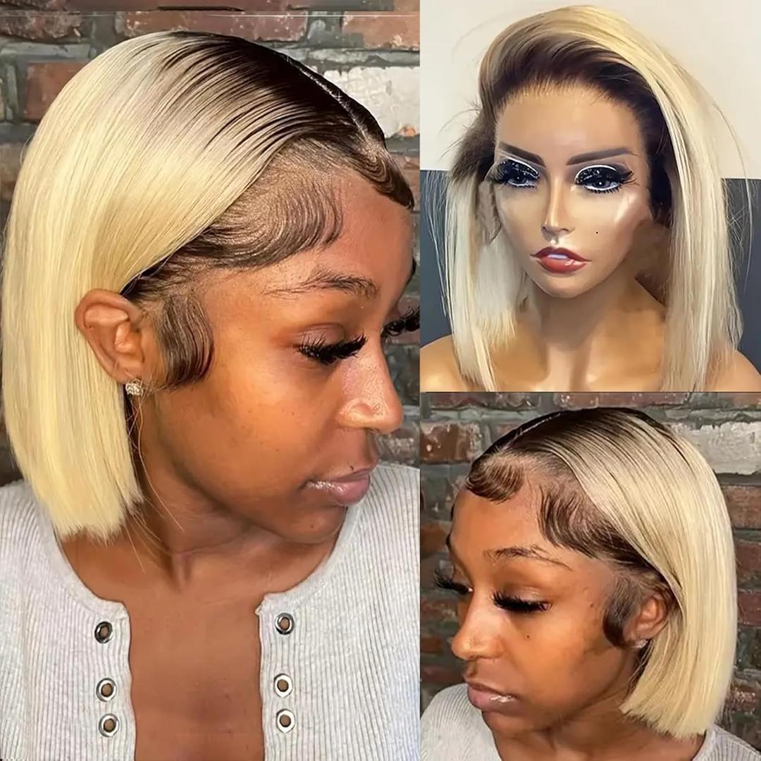Smavida Glueless Lace Front Wigs Bob Human Hair Wigs Colored Ombre Blonde 13x4 HD Transparent Brazilian Virgin Human Hair 150 Density Pre Plucked with Bleached Knots Lace Frotal Bob Wig for Women (10 Inch)