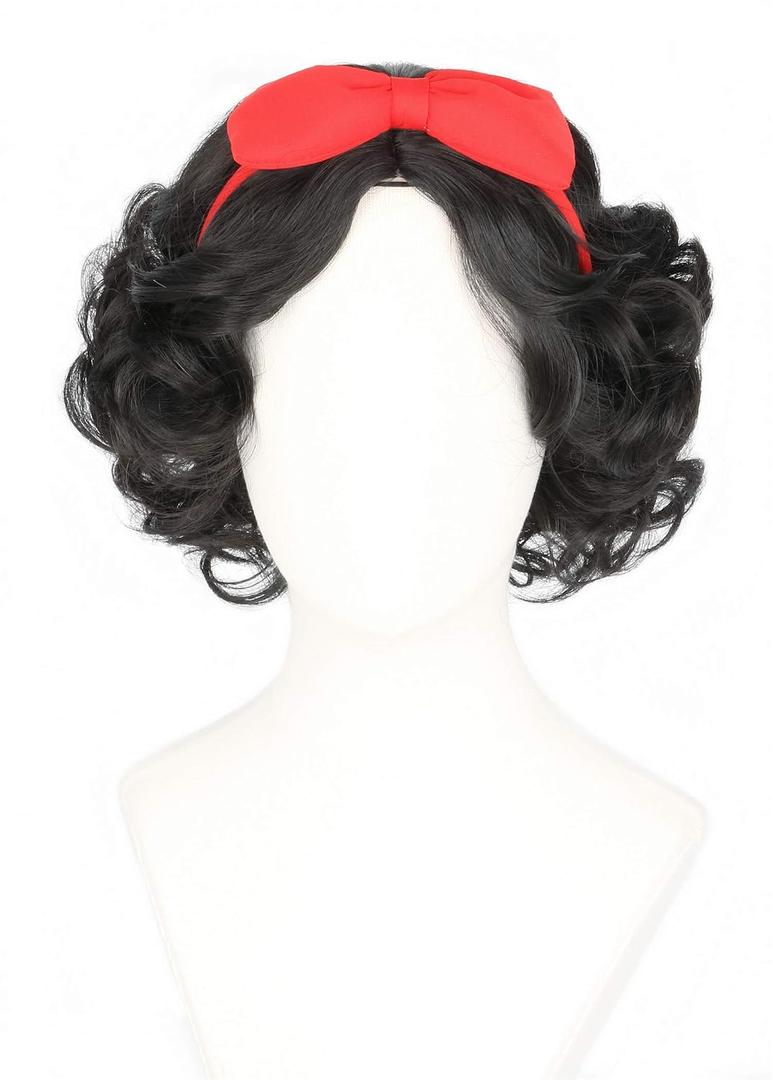 Short Curly Bob Wig Black Princess Wig with Bow Headband for Girls Halloween Costume Party Cosplay Wig