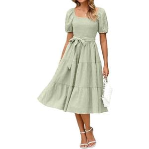 BerryGo Women's Summer 2025 Casual Smocked Midi Dress Square Neck Modest Puff Sleeve Flowy Beach Dress, L BerryGo Women's Summer 2025 Casual Smocked Midi Dress Square Neck Modest Puff Sleeve Flowy Beach Dress, L