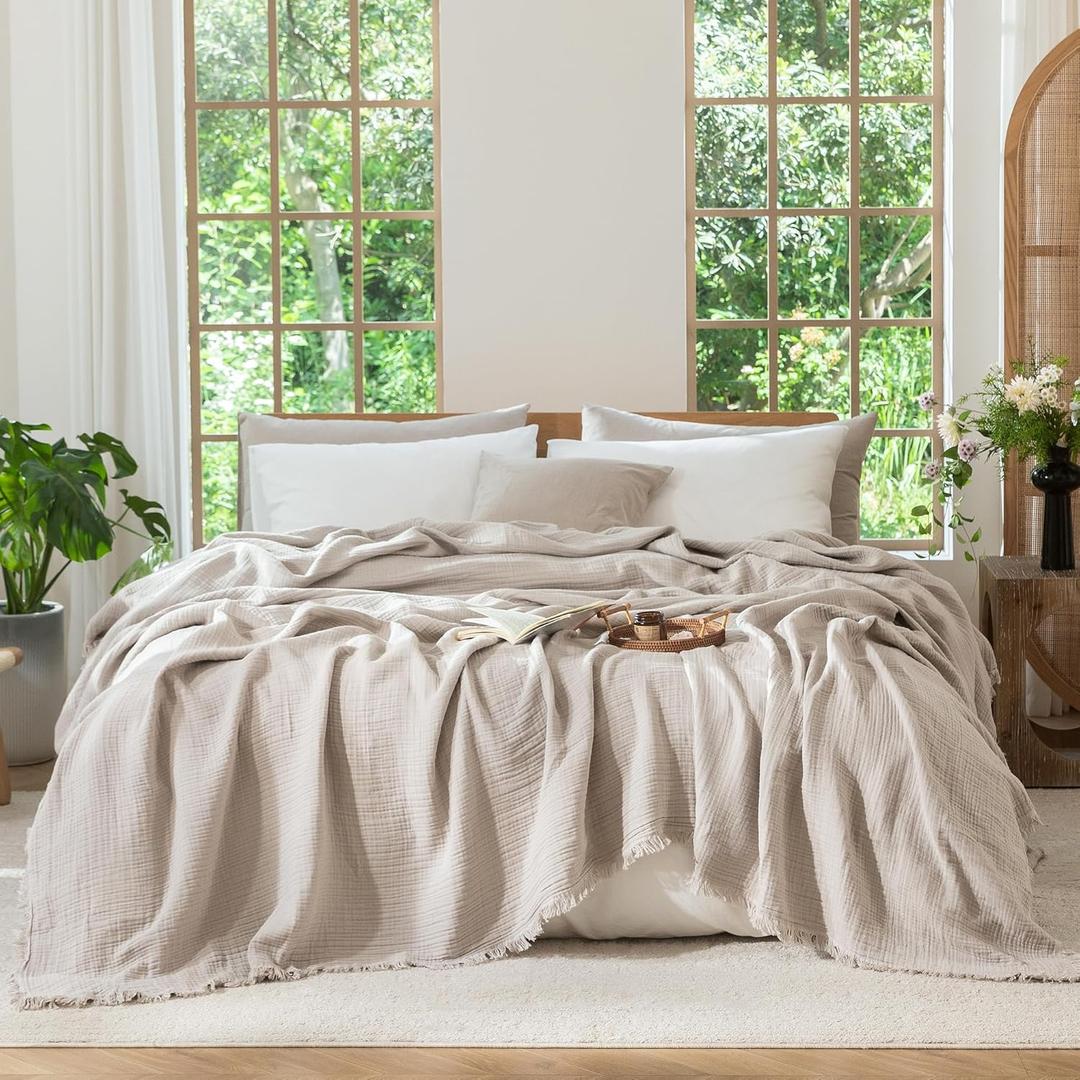 MooMee Muslin Blanket - 100% Cotton 4-Layer Gauze Throw Blanket with All-Around Fringe, Soft Breathable Lightweight Cooling Summer Blankets for Bed Couch (Cream Grey,Oversize Queen 98" x 98")