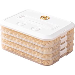 4-Layer Frozen Dumpling Storage with Lids & Timing, Flat Stacks Food Container Icing Cookies Wonton Donuts Box Organizer For Fridge, 1.18 Inches Net Height for Per Layer, White