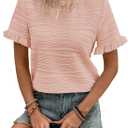 Samefar Womens Crewneck Texture Ruffle Shorts Sleeve Shirts Casual Loose Flowy Tee Tops Blouses Fashion Outfits Trendy (Pink) XL