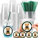 50 Sets Tartan Plaid Bear Baby Shower Party Plastic Cups Bulk 14 oz Disposable Clear Cups with Lids, Straws & Bear Stickers for We Can Bearly Wait Vintage Blue Green Theme Party Favor