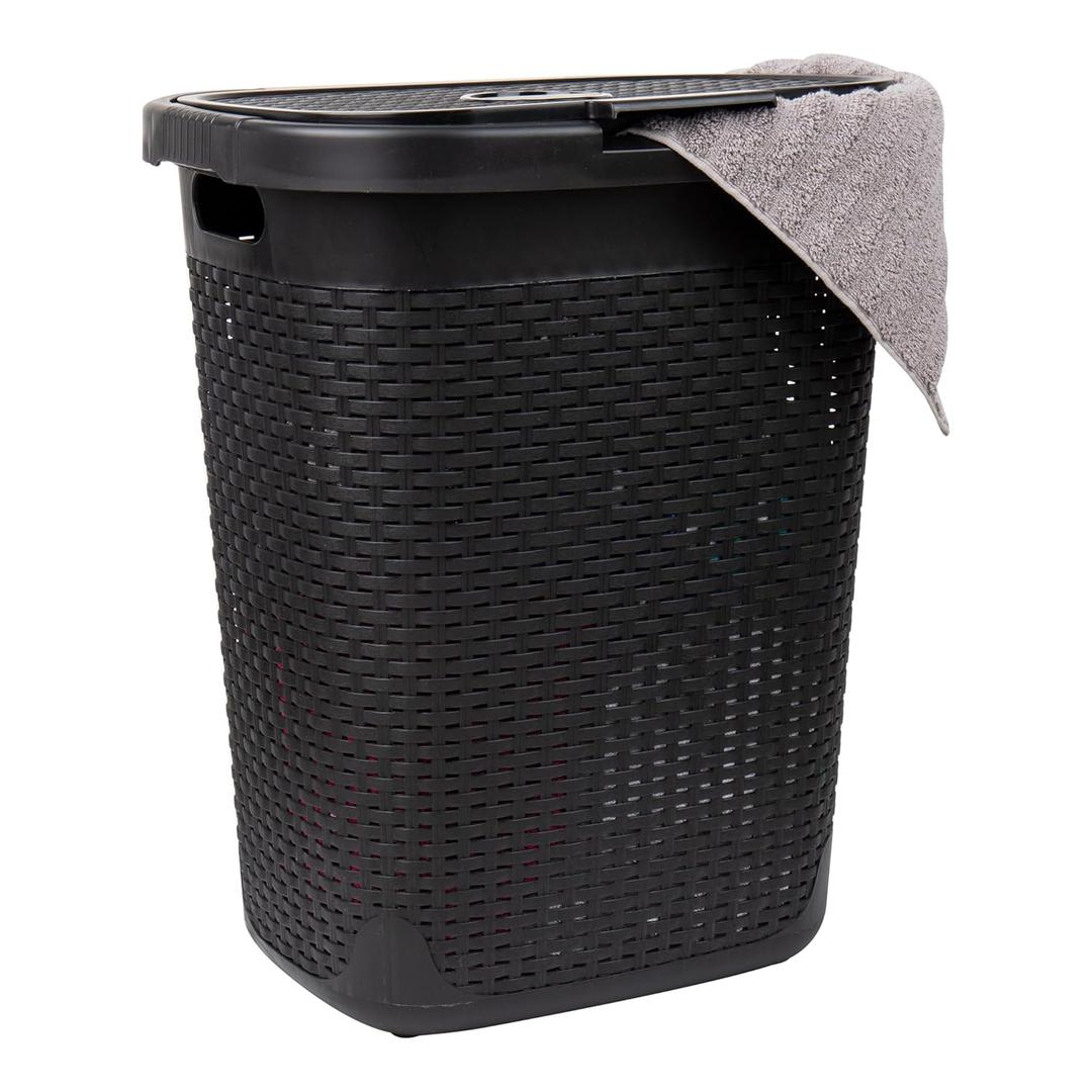 Mind Reader Slim Laundry Hamper with Lid, 50L Clothes Basket, Premium Wicker Design, Plastic, Black