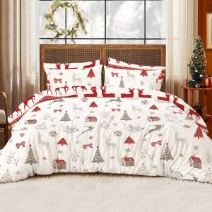 Erwinmu Christmas Comforter Set Queen Size,3 Pieces Red White Reindeer Comforter Bedding Sets Reversible Pattern for Kids Adults,Soft Breathable Microfiber Comforter and 2 Pillowcases