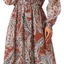 Seta T Women's Boho Floral Dresses A-Line Long Sleeve Chiffon Midi Dress (Orange, L)