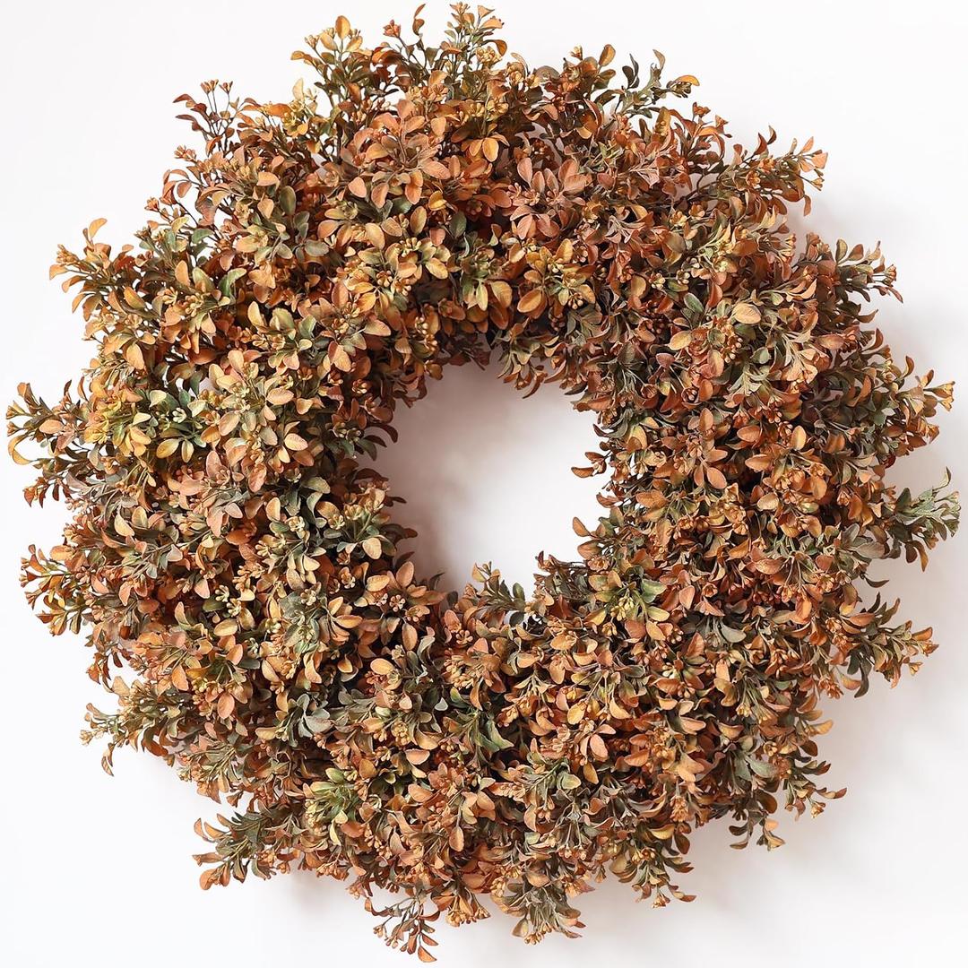 26" Artificial Fall Boxwood Wreath for Front Door Decoration(Autumn Orange)