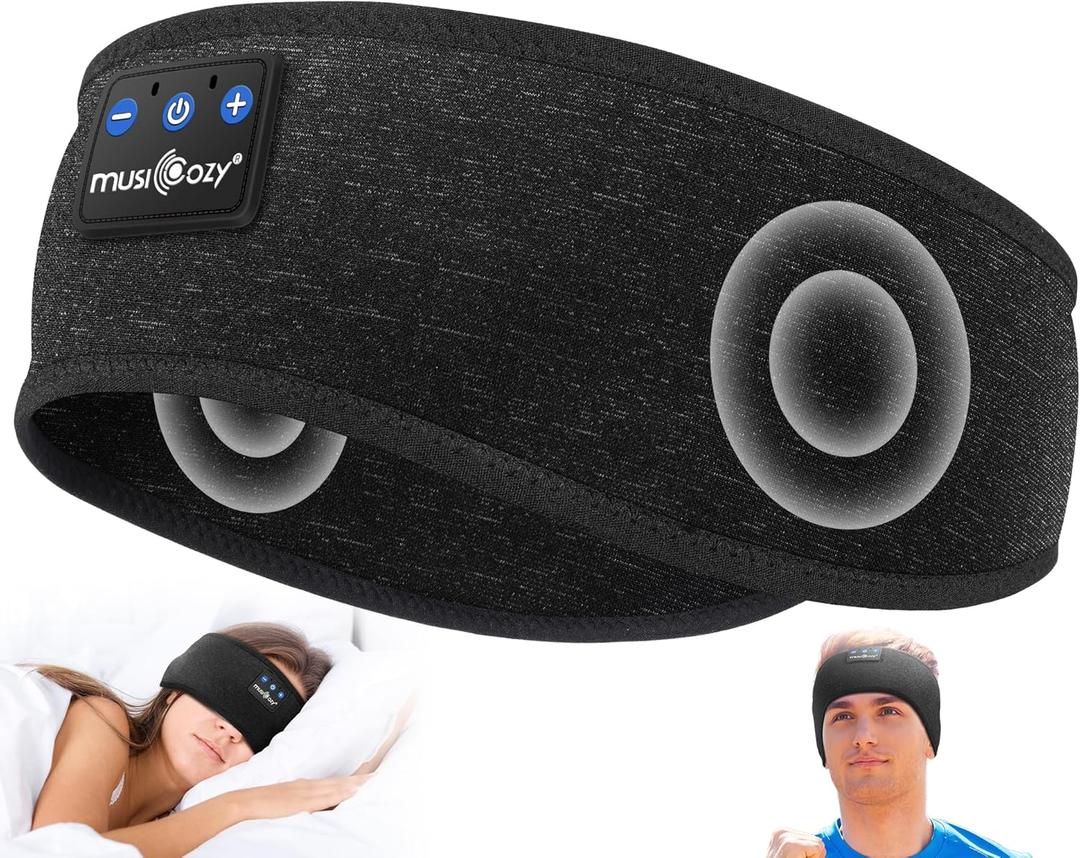 MUSICOZY Sleep Headphones Bluetooth 5.4 Headband, Wireless Earphones Music Sleep Earbuds Sleeping Eye Mask with HD Stereo Speakers for Workout Running Travel Yoga, Ideal Gifts for Women Men (Double-sided Black)