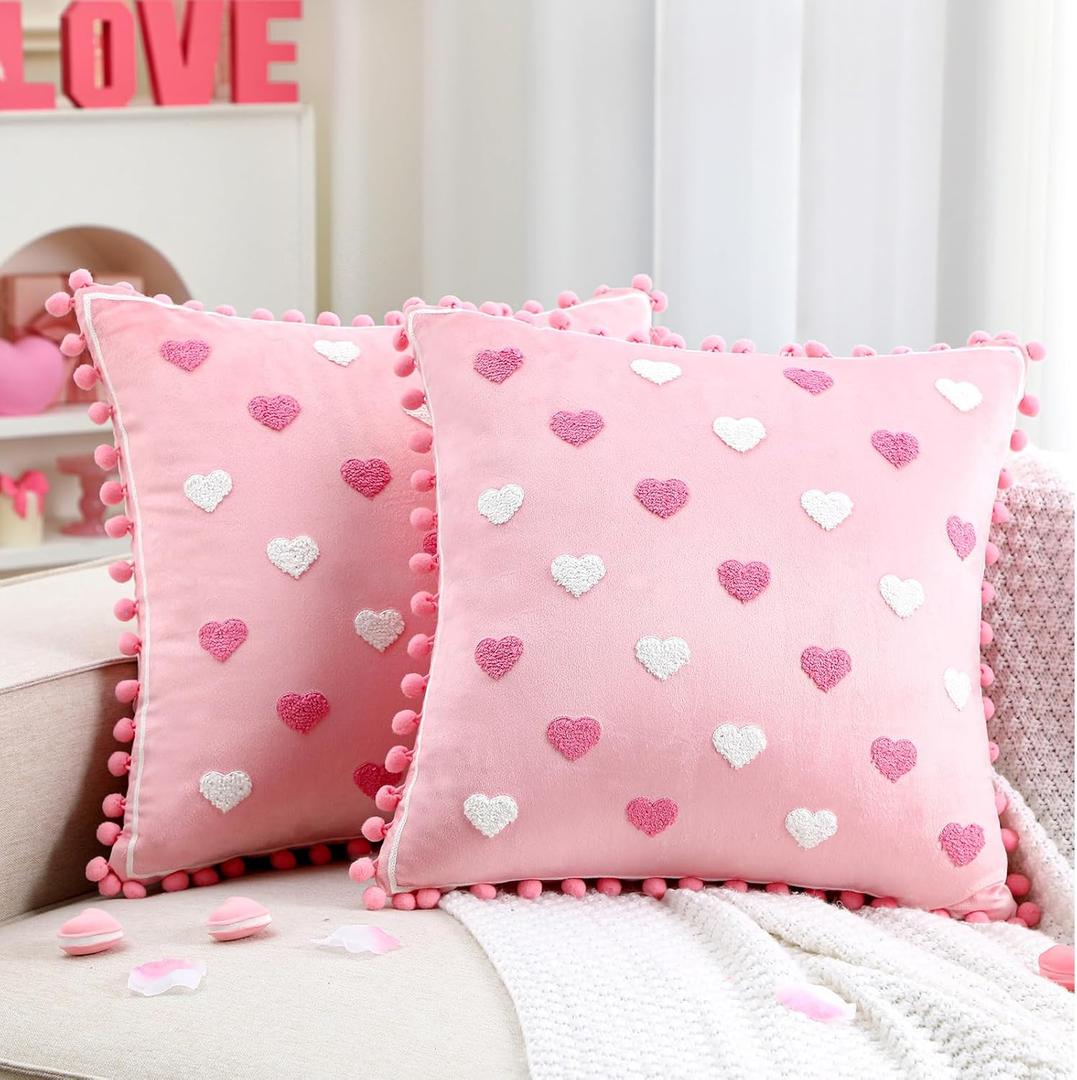 Oudain Valentines Day Throw Pillow Covers 18 x 18 Set of 2 Heart Love Couples Decorations Embroidery Cushion Covers Home Decor for Couch Girlfriend Sofa Bedroom(Pink)