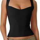 QINSEN Women's Sexy Sweetheart Neck Sleeveless T Shirts Double Lined Tees Slimming Fit Tops (Medium, Black)