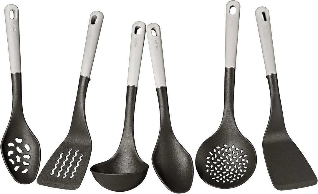 Meyer Everyday Nylon Tools/Cooking Utensils Set for Non Stick Cookware, 6 Piece: Slotted Turner, Solid Turner, Skimmer, Ladle, Slotted Spoon and Solid Spoon, Heat Resistant, Black with Gray Handles