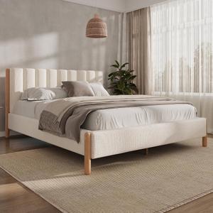 Ball & Cast Queen Size Bed Frame with Thick Boucle Upholstered Headboard, Solid Wood Legs, No Box Spring Needed Platform Bed, Underbed Storage Space,White