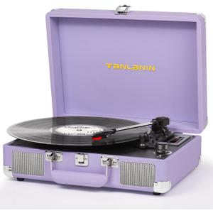 Vinyl Record Player with Built-in Speakers Vintage 3-Speed Portable Suitcase Bluetooth Turntables with USB Recording Belt-Driven LP Player Support AUX/RCA/Headphone Jack, Purple Leather