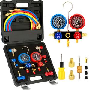 R1234yf R134A AC Gauge Set, 3 Way Automotive AC Manifold Gauges for R1234yf R134A and R404A Refrigerants with 5FT Hoses Quick Couplers Self Sealing Can Tap for Freon Charging