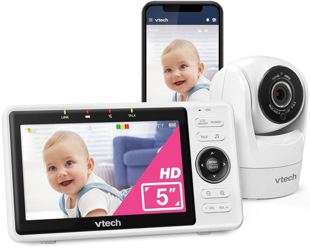VTech VM901 Smart WiFi Baby Monitor with 1080p FHD Camera and 5" HD IPS Display, Free App, Remote Pan Tilt Zoom, Night Vision, Motion Detection Alerts