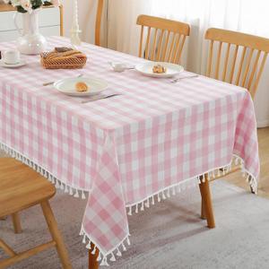 JIALE Gingham Tablecloth Rectangle Cotton Linen Fabric Checkered Table Cloth with Tassel Washable Wrinkle Free Buffalo Plaid Table Cover for Birthday Party Picnic Outdoor, Pink, 55x75