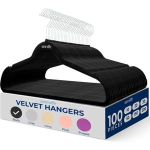 SereneLife Velvet Hangers 100 Pack Black  Slim Non-Slip Clothes Hangers with Chrome 360 Swivel Hook, Durable 10 lbs Capacity, Ultra-Thin Space Saving Hangers for Closet Organization