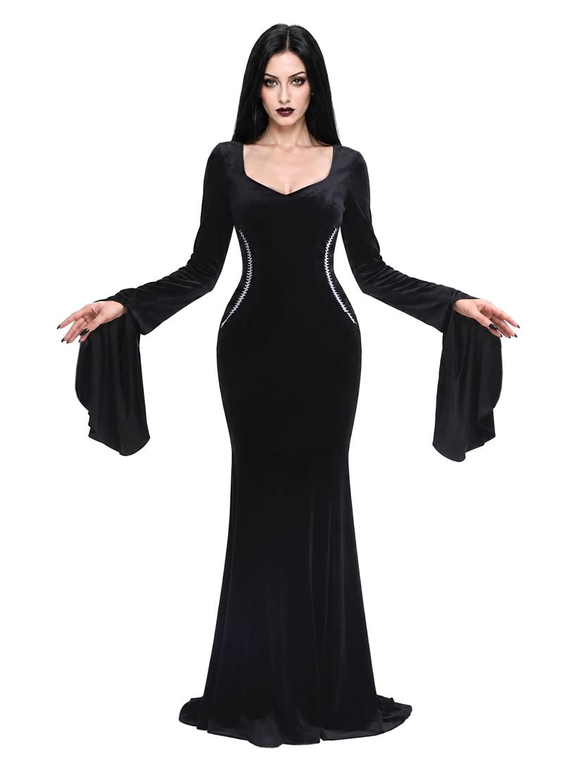 Morticia Addams Goth Dress,Women Bodycon Velvet Floor Length Costume (Black, L)