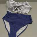 Striped Swimsuit Women`s High Waisted Tummy Control, Blue, Small