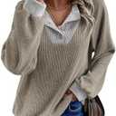 EVALESS Womens Fall Fashion 2025 Womens Long Sleeve Shirts Patchwork Button Up V Neck Sweatshirt Casual Pullover Tops 2XL