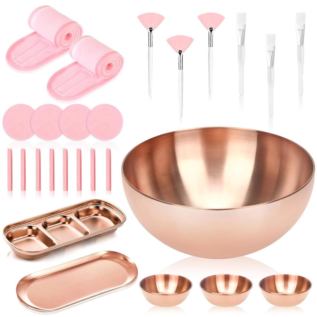 26 Rose Gold Esthetician Supplies Kits 3 Facial Bowls Large Spa Bowls 3 Fan Brushes Makeup 3 Face Mask Brushes Salon Tray 3 Section Skincare Tray 12 Face Sponge Compressed 2 Spa Headbands for Women