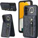 for Samsung Galaxy A13 5G Case with Card Holder for Women, for Samsung Galaxy A13 5G Phone Case Wallet with Credit Card with Ring Kickstand Zipper Slim Stand Case - Black Leopard
