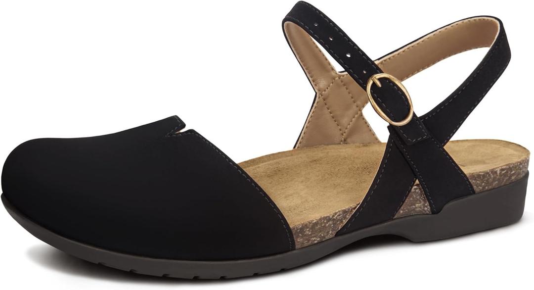 PARTY Closed Toe Sandals Women, Barefoot Arch Support Flat Sandals for Office Work and Travel with Comfortable Cork Footbed (10, Black)