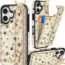 Petitian for iPhone 16 Wallet Case - Women Girls Cute Girly Aesthetic Unique Design Leather Credit Card Holder Cardholder Stand Wristband for iPhone 16, Flower