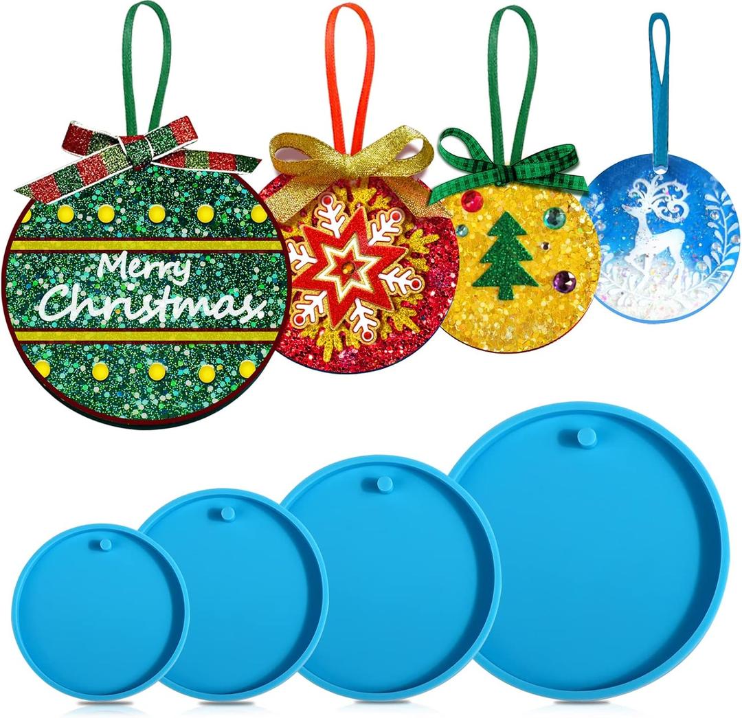Juome Christmas Ornaments Resin Molds Silicone, 4 Pcs Round Shape Pendant Christmas Molds for Epoxy Resin, DIY Crafts Keychain Making Christmas Tree Decorations