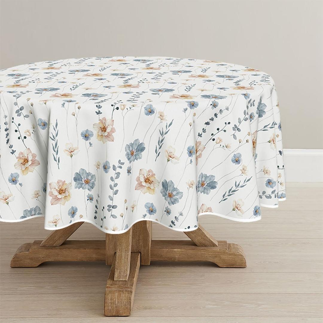 Horaldaily Spring Tablecloth 7070 Inch Round, Small Flower Washable Seasonal Table Cover for Party Picnic Dinner Decor (White)