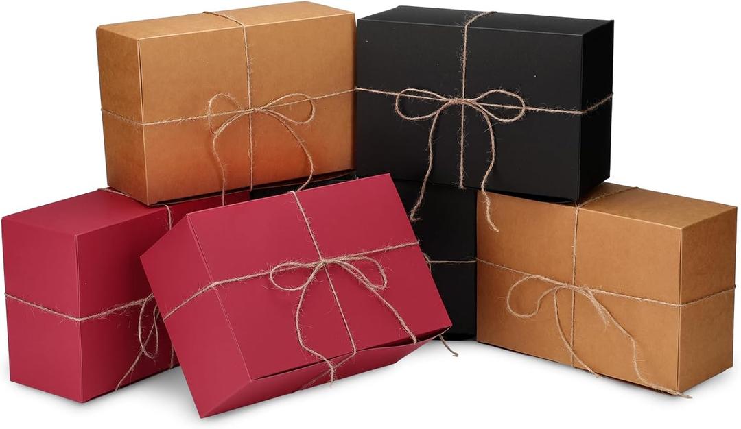 Spiareal 12 Pcs Christmas Boxes with Lids 9.5'' x 6.5''x 4'' Square Kraft Boxes with Twine for Xmas Gift Wrapping Holidays Wedding Birthday Party (Red, Black, Brown)