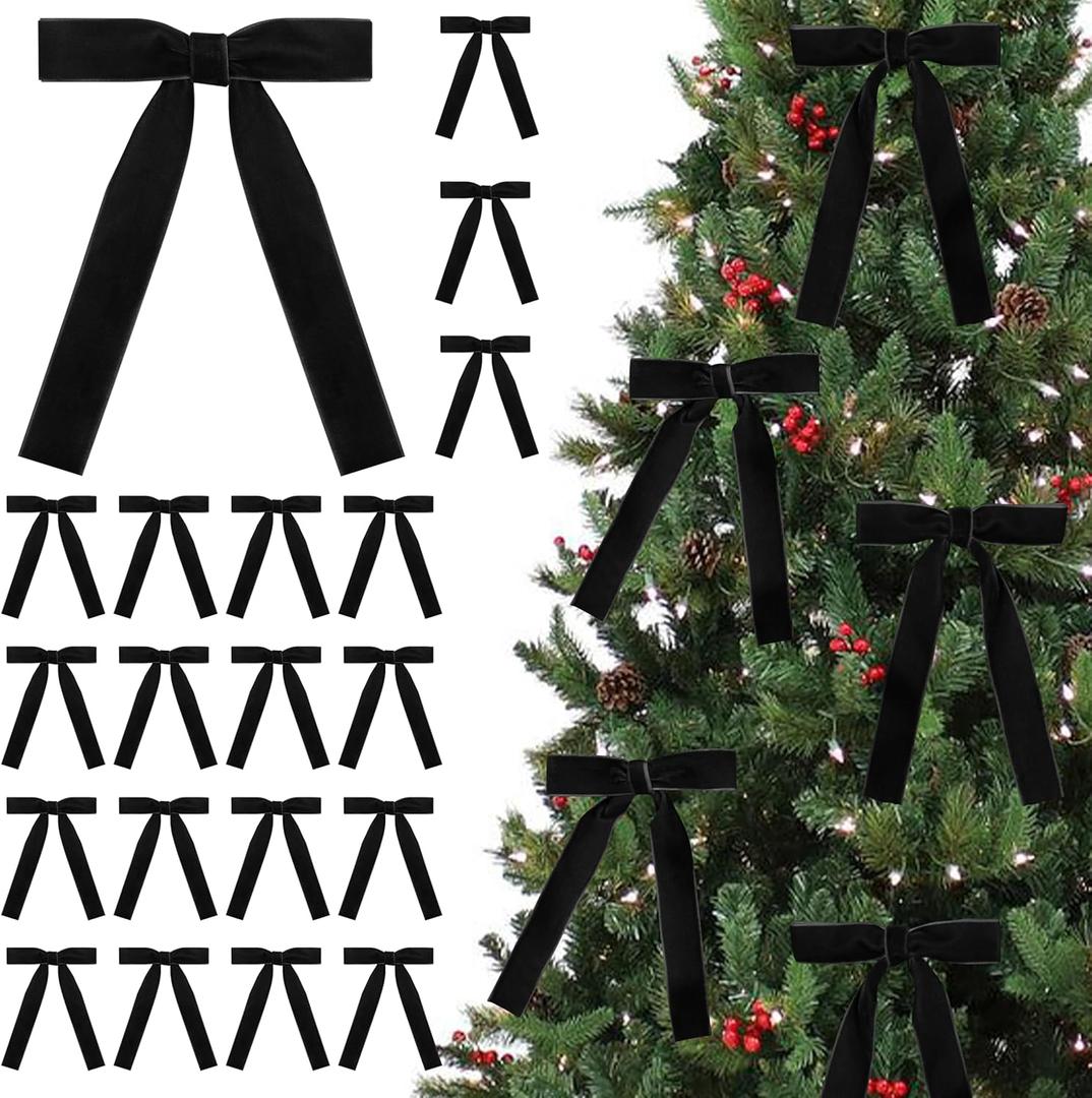 SIMISI RIBBON 24 Pcs Black Velvet Bows Christmas Tree Ornaments Vintage Ribbon Bow for Tree Garland Wreath Rustic Crafts Gift Indoor Outdoor Xmas Decorations
