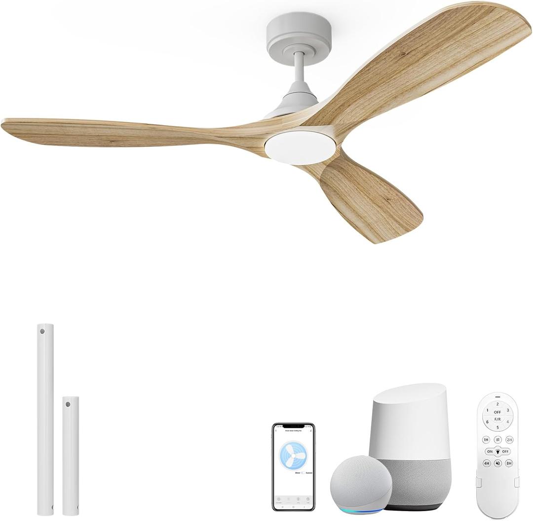 52 Inch Smart Wood Ceiling Fan with Light, White Ceiling Fans with Remote, Alexa and App Controls, Reversible Quiet DC Motor, Timing, High CFM, 3CCT Dimmable LED Light, Red Walnut