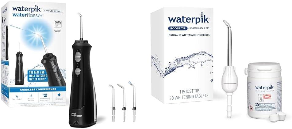 Waterpik Cordless Pearl Water Flosser with 4 Tips and Boost Whitening Tip with 30 Mint Tablets (Black)