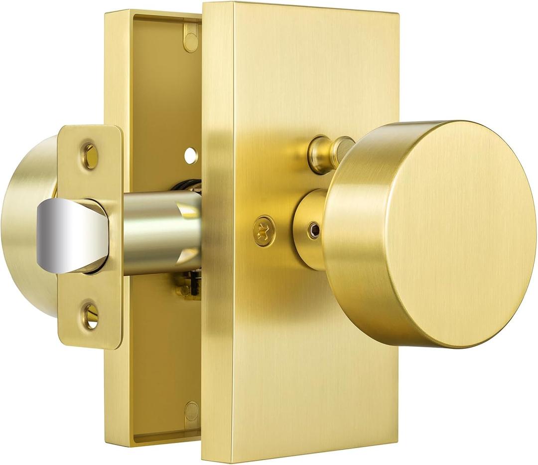 Satin Brass Door Knobs, Privacy Door Knob, Brushed Gold Door Knobs Interior, Rectangular Modern Door Knob for Bedroom, Bathroom, Study, Office