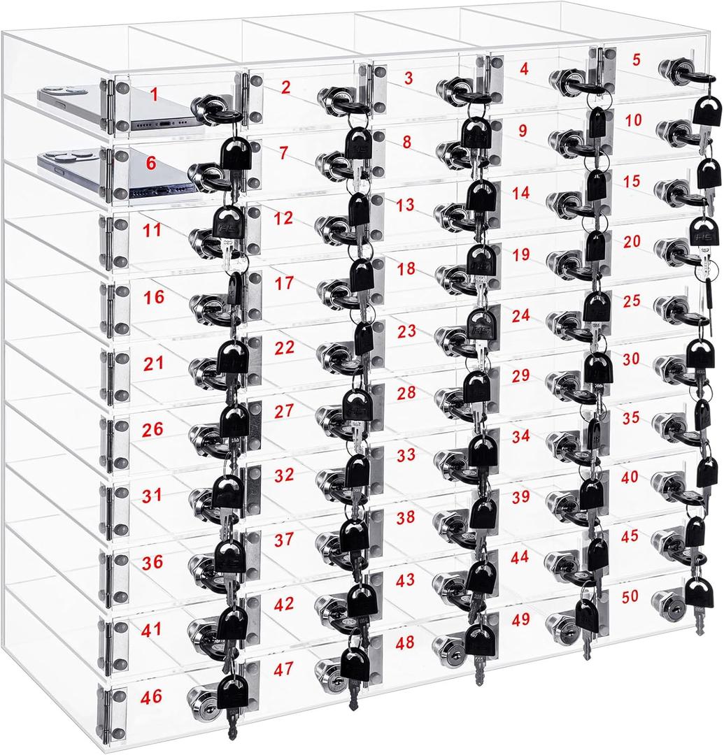 Layhit 50 Slots Cell Phone Locker Box for Classroom Clear Acrylic Cell Phone Storage Cabinet Bin with Door Locks for Classroom School Students Office Factory Employees