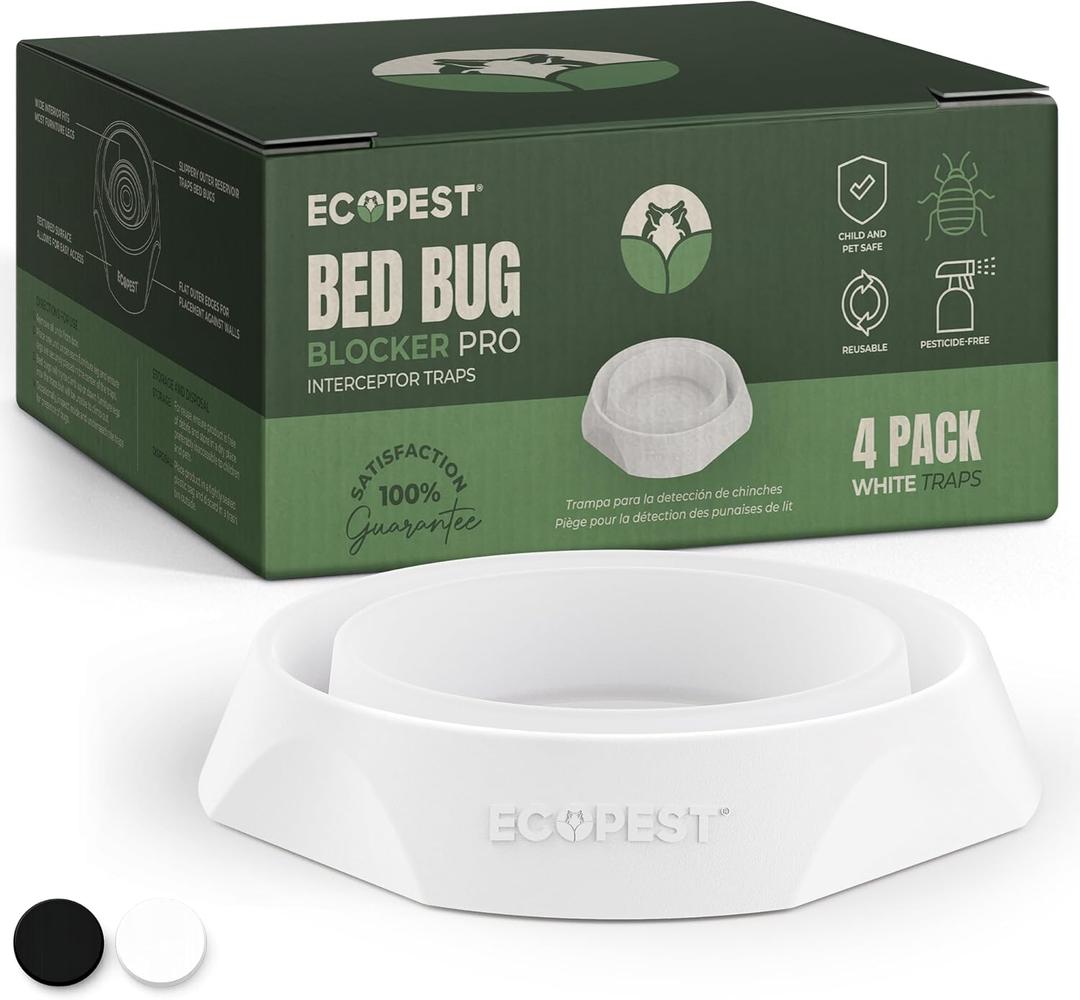 Bed Bug Interceptors 4 Pack | Bed Bug Blocker (Pro) Interceptor Traps (White) | Insect Trap, Monitor, and Detector for Bed Legs