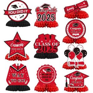 Graduation Decorations 2025, 10PCS Graduation Centerpieces for Table Red Black Graduation Party Decorations Class of 2025 Congrats Grad Honeycomb Centerpieces Table Decor for Graduation Party Supplies