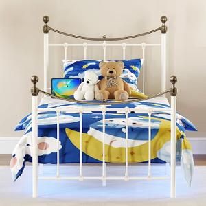 Twin Size Bed Frame with Charging Station and LED Lights High Headboard Platform Bed with Metal Slats No Box Spring Needed