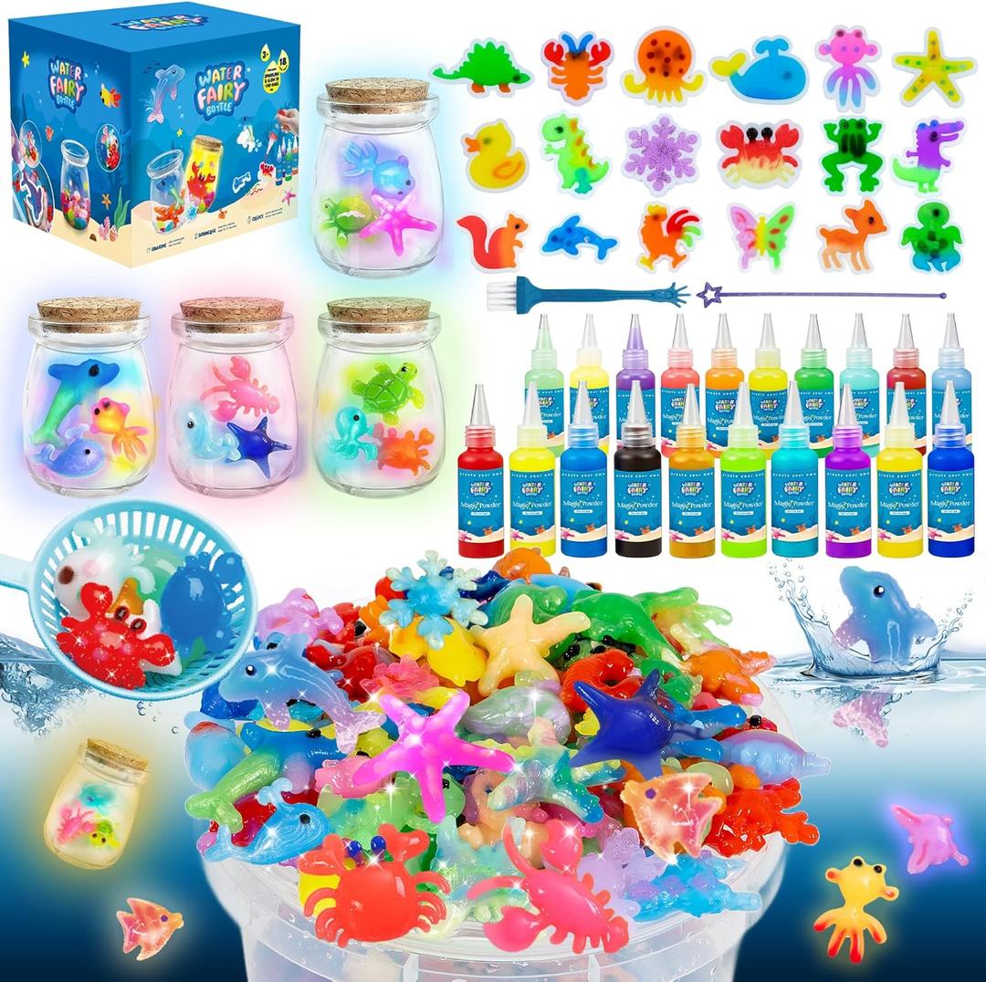 116PCS Magic Glow-in-The-Dark Gel Water Fairy Toy, Aqua DIY Elf Set with 18 Shape Molds, 100ml Gels, Water Squishy Kit, Make 150+ Water Animals,Christmas Birthday Gift, Arts Crafts STEM Kit for Kid